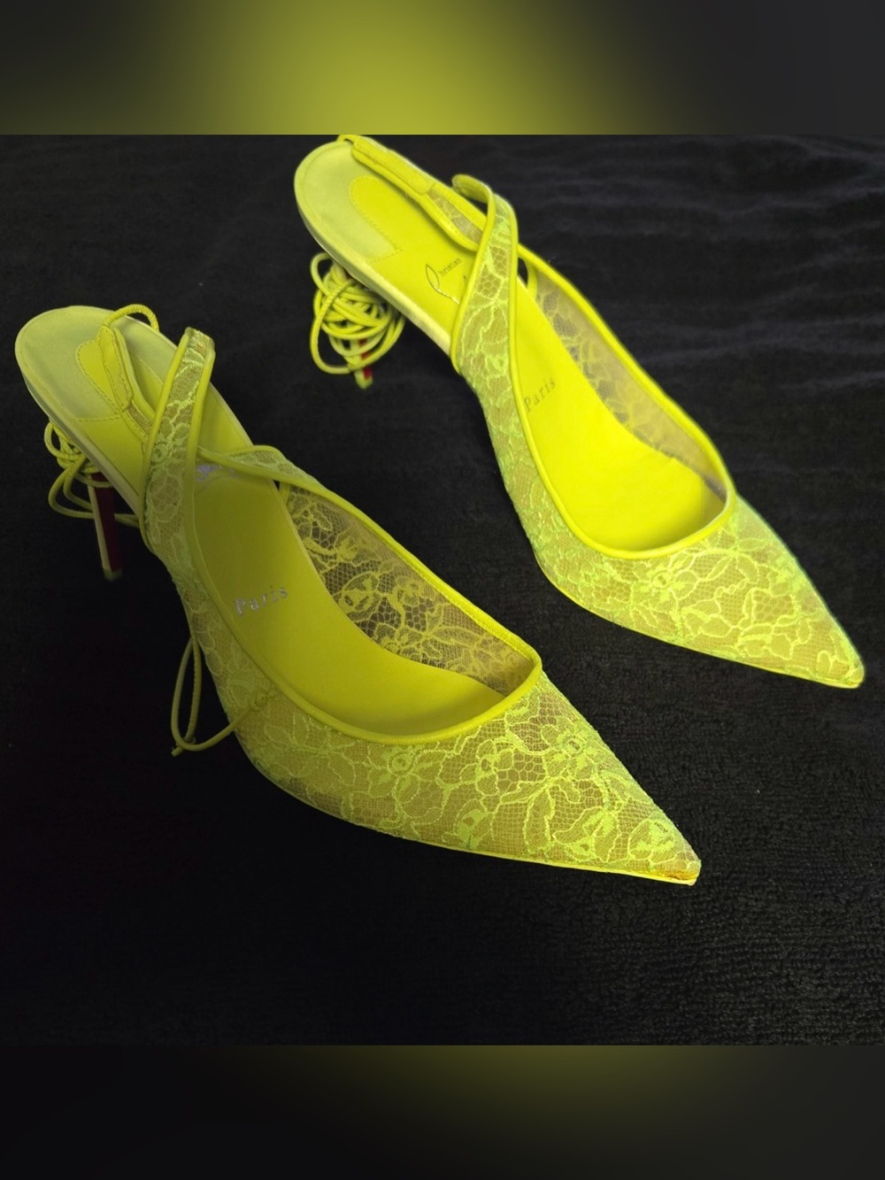 Christian Louboutin Women's Neon Yellow Lace Pointed Toe Slingback Heels